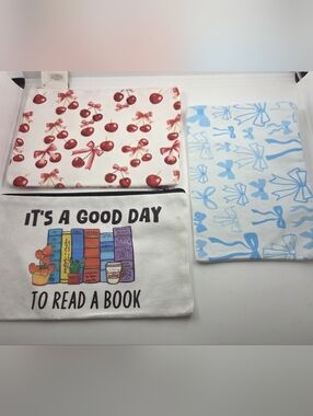 Canvas Pouches Trio — Cherry Print, Bow Print & Book Design